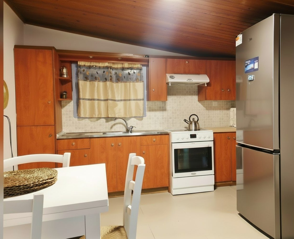 La cucina attrezzata con frigorifero e forno