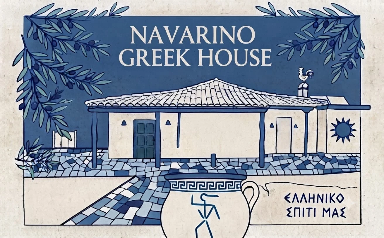Illustrazione di Navarino Greek House: la casa bianca e blu con il portico, rami d’ulivo e un’anfora greca