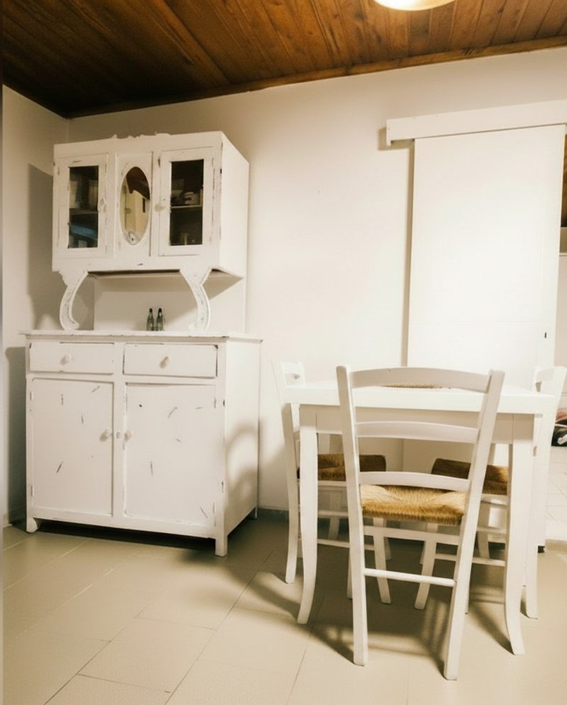 L’angolo pranzo con la credenza bianca