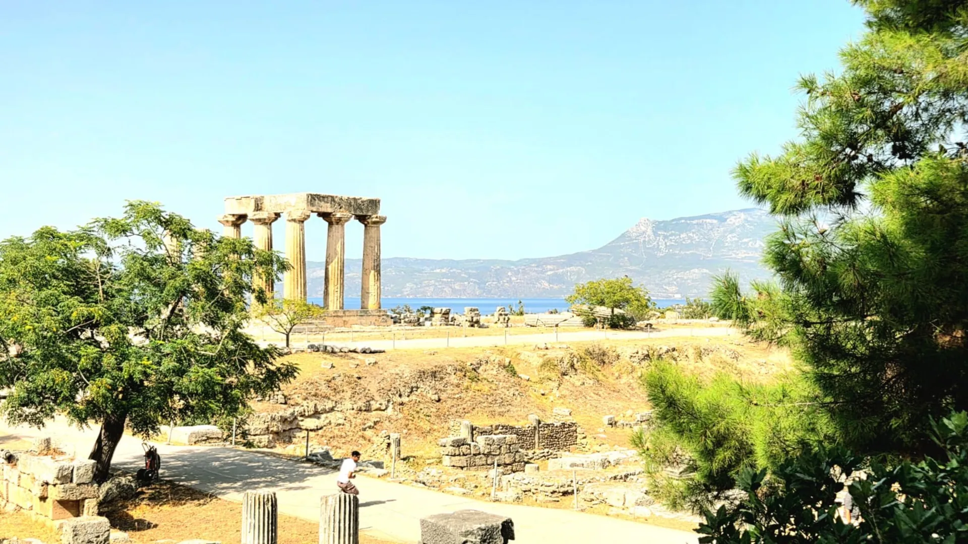 Le colonne di un antico tempio greco tra gli alberi, con il mare e le montagne sullo sfondo